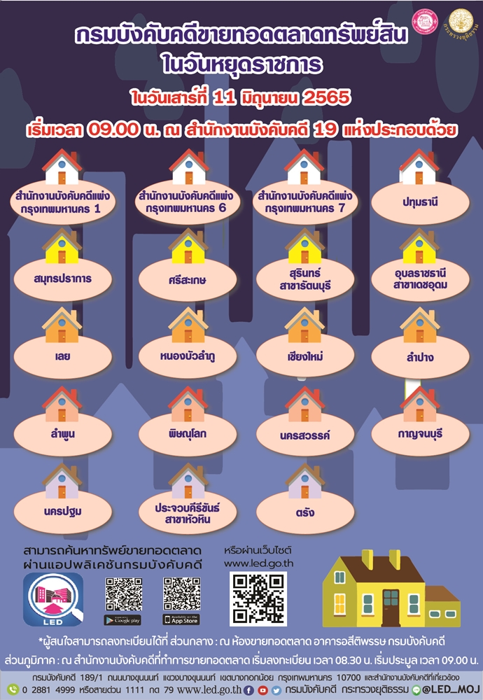 กรมบังคับคดีจัดการขายทอดตลาดในวันหยุดราชการ วันเสาร์ที่ 11 มิถุนายน 2565